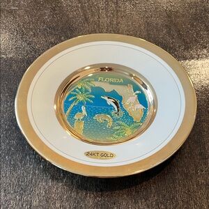 24KT Gold Edged Florida Souvenir Plate with Dolphin Pelican